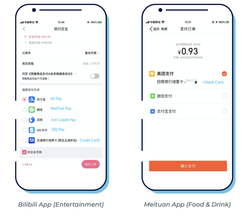 examples of payment pages inside local apps in China